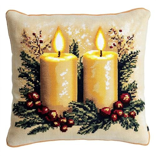 WallustrioaW Weihnachten Knüpfkissen-Set,Kerzen und Blumen,für Kinder oder Anfänger Erwachsene zum Selber Knüpfen,DIY Knüpfteppich Knüpfpackung,Knüpfhaken Set,43x43cm
