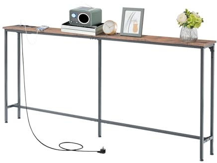 GOKHOMX Tavolo Consolle da 180 cm con 2 Prese e 2 Porte USB, Tavolo Consolle d'Ingresso Stretto da 20 cm di Larghezza, Mobile Dietro il Divano per Soggiorno, Ingresso, Corridoio, Hall, Marrone e Nero