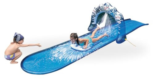 AMATOYS - Tobogan Acuatico 500x95 cm para Niños – con Doble Deslizamiento, Rociadores de Agua y Tabla de Surf – Juguete de Verano al Aire Libre para Jardín, Piscina o Cesped