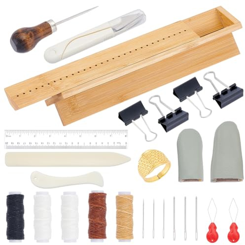 WEBEEDY 26 Pcs Bamboo Book Binding Cradle with Bookbinding Supplies for DIY Book Crafts, Signature Punching Tools Kit with Awl, Bone Folder, Cradle, Waxed Thread, Needle & More for Books Repair