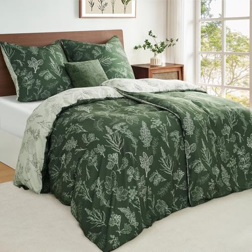 Duvetnova Bettwäsche 135x200 Blumen Olivgrün Pflanzen Wende Weich und Angenehm ÖKO-TEX Bettwäsche-Sets 2 Bettbezüge 135 x 200+2 Kissenbezüge 80x80 -alle mit Reißverschluss