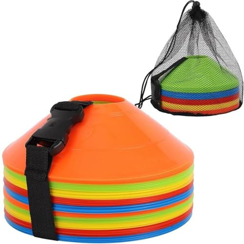 HEFEI XUJIE DIANPU 50 Pièces Cônes d'Entraînement Football, Plot Sport, Entrainement Football, Plots de Marquage Sportif avec Support & Filet de Rangement, 5 Couleurs pour Délimitation Terrain
