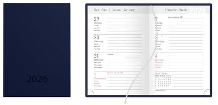 Idena 12054 - Taschenkalender DIN A7 2026, 1 Woche auf 2 Seiten, Terminplaner mit Balaton Einband in Blau, Leseband und Eckperforation