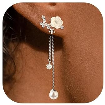 Boucle d'oreille Perle Fleurs Boucles d'oreilles Pendantes Femme Strass Boucle Doreille Femme Argent pour Valentin, Cadeau, Mariage, Anniversaire