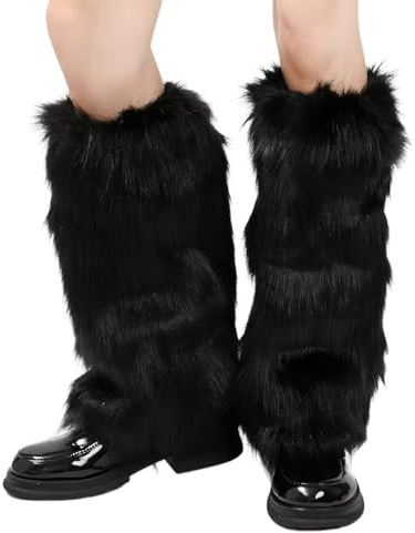 Vyqrx Fell Stulpen für Damen, 40 cm Fellstulpen Damen Schwarz Langflor - Fur Leg Warmers für Winter & Karneval