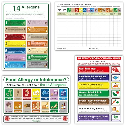 4 Pack A4 (210×297mm) Commercial Kitchen Safety Signs – 14 Allergens Info & Content Charts, Allergy Intolerance, Colour-Coded Chopping Board Guide Posters & Stickers – Self Adhesive Labels