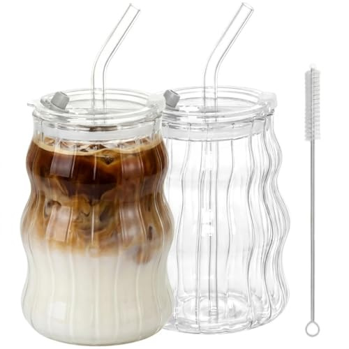 Tel Charme * 2-Pack 530ml Ribbed Glass Tumblers with Lids & Straws – Clear Wavy Iced Coffee Cups for Smoothies, Matcha & Cold Brew
