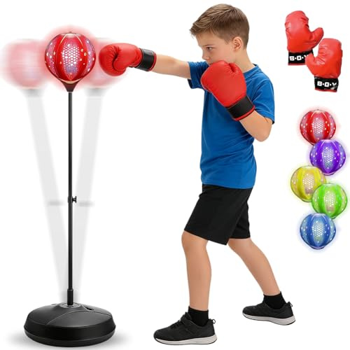 Punchingball Boxstand, Leuchtender Punching Bag, Boxsack mit Ständer, Punchingballs mit Boxhandschuhe und Handpumpe, Höhenverstellbar Punchingball für Kinder, Boxsack Set für Boxing, Kickboxing