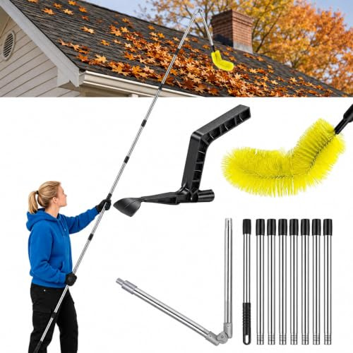 Telescopic Gutter Cleaner 4m, 180° Adjustable Brush & Leaf Shovel Tool | Ladder-Free Ground Cleaning, Lockable 180° Angle, Gutter Cleaning Tools Teles, Rustproof Steel Pole, Tool-Free Fast Assembly