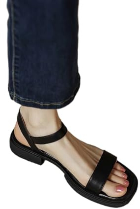 Fryloo Chanclas Sandalias De Tacón Bloque Bajo del Dedo Pie Cuadrado Las Mujeres, Zapatos Correa Tobillo Ajustables, Cuero Negro para Uso Diario La Oficina-black-42