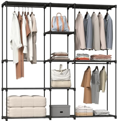 HOMCOM Portable Wardrobe Open Wardrobe 182 x 43 x 185cm Black | 8 Shelves, 3 Hanging Rails, Freestanding Coat Rack Organiser