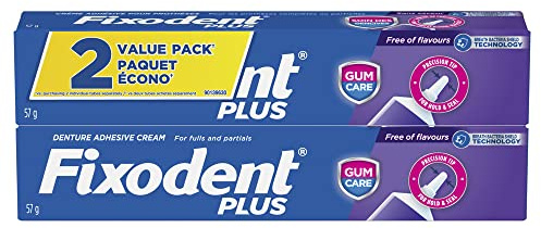 Fixodent Plus Gum Care Denture Adhesive Cream for Fulls and Partials, 2 oz (57g) - Pack of 2