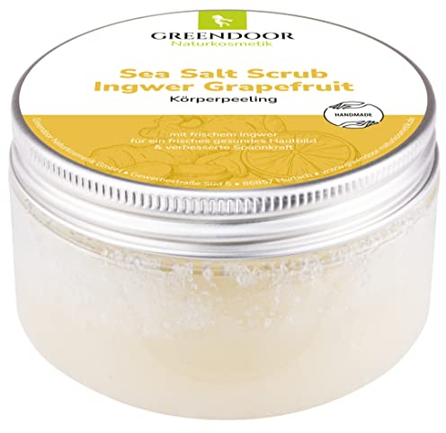 GreENDOOR Kroppsskrubb havssalt ingefära grapefrukt 280 g, naturlig saltskrubb utan mikroplaster, naturlig duschpeeling utan konserveringsmedel, body skrubba, bastusalt