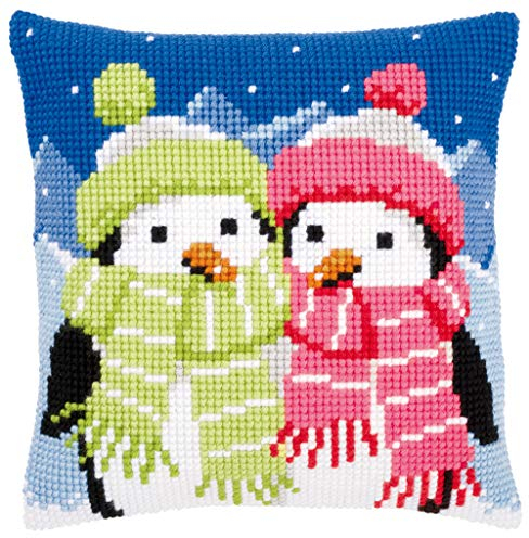 Vervaco Kreuzstich Stickpackungen Kissen Stickerei Set Anfänger Vorgedruckt Pinguine mit Schal DIY Set Kreativ Set Für Erwachseneca. 40 x 40 cm Bastelset Handwerker Haus Dekoration