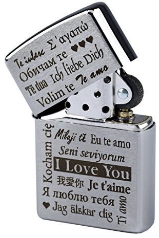 Zippo mit Gravur I Love You/Ich Liebe Dich in Mehreren Sprachen auf Chrome Brushed Benzinfeuerzeug