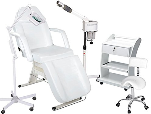 Kosmetikkabine Liege Bedampfer Lupenlampe Arbeitsstuhl Beistelltisch Salon 900202b weiß