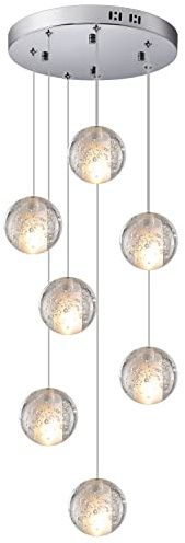 KJLARS Pendelleuchte LED Moderne Glas Kristall Hängeleuchte Höheverstellbar Lüster Dekoratives Kronleuchter für Villa Treppe Wohzimmer Esszimmer Schlafzimmer Pendellampe (7 Bälle Round shape)