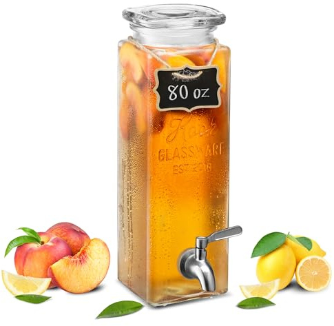 Kook Drink Dispenser, 80 oz, Water Dispenser Countertop, Glass Drink Dispenser, Beverage dispenser, with Leak-Proof Spigot, Clear Rectangular Jar, Storage for Party, Fridge, for Water, Iced Tea