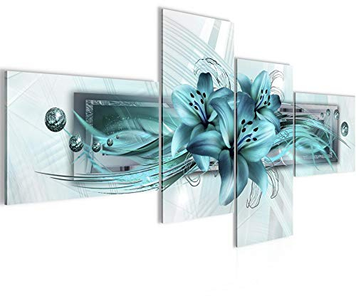 Runa Art Bild Modern Blumen Lilien - Made in Germany - Wandbilder Abstrakt Türkis 4 Teilig 008742a
