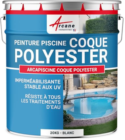 ARCANE INDUSTRIES Peinture Piscine Coque Polyester, Peinture Hydrofuge imperméabilisante, Piscine et Bassin - 20 kg (jusqu'à 65m² en 2 Couches) Blanc