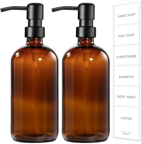 GMISUN Amber Glass Soap Dispenser, 2 Pack Bathroom Hand Soap Dispensers with Stainless Steel Pump, 17 Fl Oz Kitchen Hand and Dish Soap Dispenser Set, Modern Vintage Liquid Brown Soap Dispensers Bottle