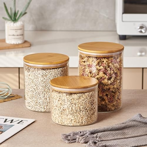 ORNAMI Wide Mouth Borosilicate Glass Storage Jar with Airtight Bamboo Lid | Large Capacity Canister Ideal for Bulk Kitchen Storage, Set of 3 (2L+2.6L+3.2L)