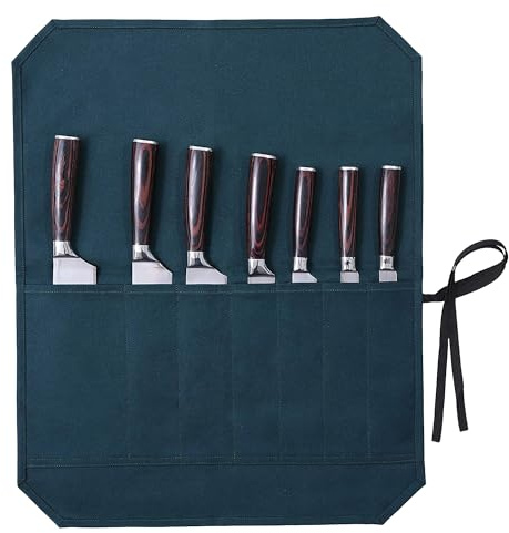 Kaaltisy Chefs Knife Roll Bags, 16oz Waxed Canvas Knife Holder (7 Slots & Tie Rope), Portable Knife Pouch for Home Kitchen Professional Chef Culinary School - Dark Green