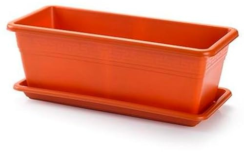 Acan Tradineur - Jardinera de plástico con Plato, Modelo PLFT, 20 litros, macetero, Maceta para Plantas y Flores Rectangular de plástico con Agujeros de Drenaje (Marrón - 50 cm)