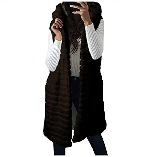 ZHINIAN Lange Damen-Winterweste aus Plüsch, Kunstfell, ärmellos, mit Kapuze, Jacke, Mantel, Parka mit Taschen, Schwarz , XXL