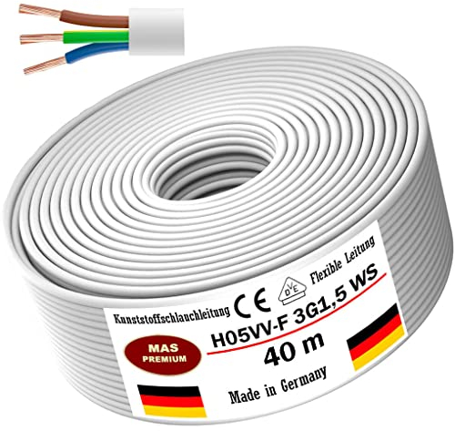 MAS Premium Von 5 bis 100m Kunststoffschlauchleitung H05VV-F 2, 3 oder 5 x0,75; x1; x1,5 oder x2,5 und 4G0,75 Flexible Leitung Kabel Leitung Gerätekabel (H05VV-F 3G1,5 WS, 40m)