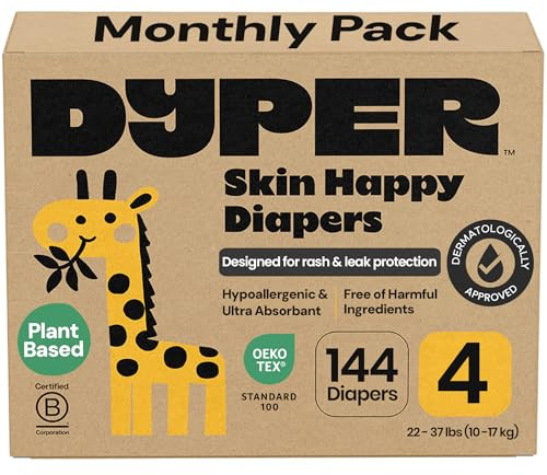 DYPER Monthly Pack Baby Diapers Size 4 (22-37 lbs) 144 Count - Leak-Proof & Plant Based, Hypoallergenic and Ultra Absorbent Size 4 Diapers for Day and Overnight Skin Protection (Packaging May Vary)