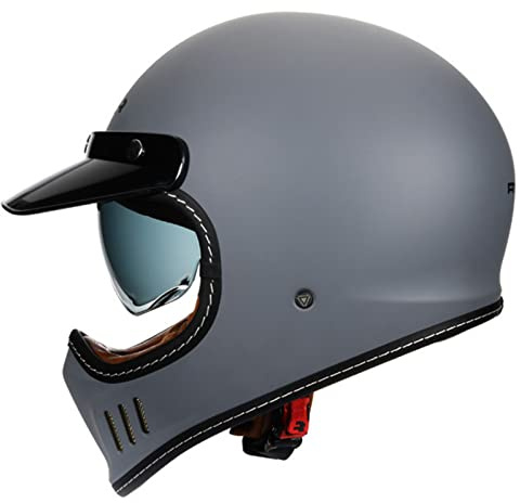 Vintage Motorradhelm, Unisex-Erwachsene Retro Classic Vollgesichts-Café-Racer-Helm ECE-zugelassener Motorrad-Moped-Street-Bike-Rennhelm mit Sonnenblende für Männer und Frauen,Matte gray,S