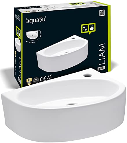 aquaSu® Handwaschbecken Liam 42 cm | Eck-Waschtisch mit Hahnloch | Kleines Hänge-Waschbecken rund | Wand- oder Aufsatzmontage | 42 x 29 cm | Sanitärkeramik in weiß | 56218 8