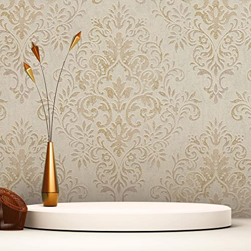 Carta da parati barocco Samuel M1-No.2447, in tessuto non tessuto, colore oro, grigio, ornamento, classico, barocco