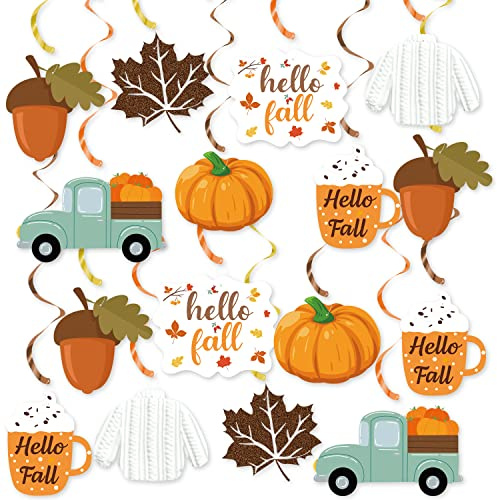 20Pcs Fall Party Hanging Decorations, Autumn Hello Fall Party Decorations, Pumpkin Leaf Truck Cutouts Thanksgiving Ornaments for Fall Party Decor Thanksgiving Party Supplies