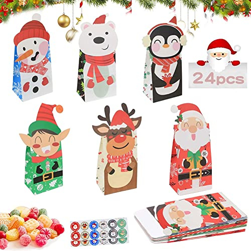 Presentpåsar Jul - 24 Papperspåsar för Adventskalender 2023, Barn Flickor Presentpåse, Små Godispåsar för Barns Födelsedag och Giveaways