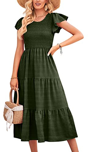 QUNERY Vestido Mujer Verano Casual Redondo Vestidos Largo Mujer Elegante Manga Corta Verano Playa Vestidos A-Verde Militar L