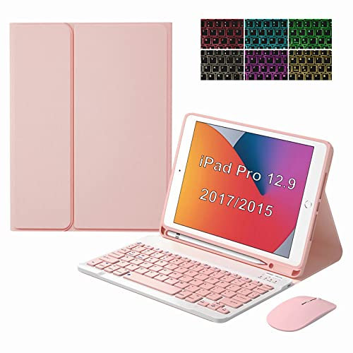GUPENAA Funda con Teclado para iPad Pro 12.9 Pulgadas 2017/2015 (2ª Y 1ª Generación), Teclado Retroiluminado Magnético Desmontable Inalámbrico con Soporte para Lápices Y Mouse Bluetooth,Rosado