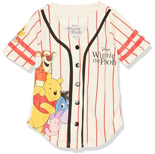 Disney Girls Winnie the Pooh Hunny Baseball Jersey Mesh Button Down Shirt Ivory/Red