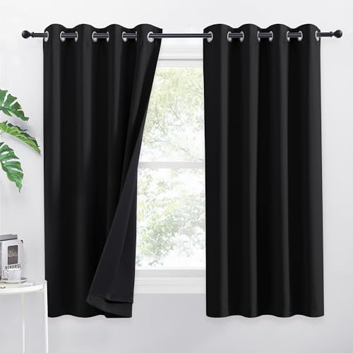 PONY DANCE Doppellagige und Schwere Vorhänge Lichtundurchlässig für Schlafzimmer Thermovorhang Hitzeschutz Verdunklungsvorhänge Schwarze Gardinen 100% Blickdicht, H 145 x 140 cm