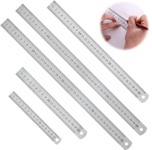 Edelstahl-Lineal 5er Set, Stahllineal 15/20/30/40/40, Metall Lineale, mit Doppelseiten Skala Kante, für Engineering, Lehre und Büro