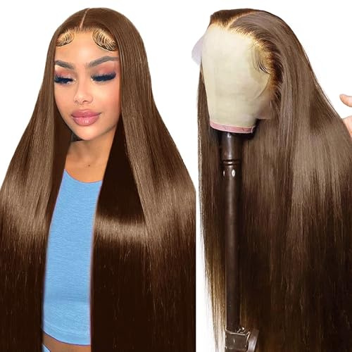 tunfine 16inch 13x6 Echthaar Perücke HD Lace Front Wig Human Hair Chocolate Brown Perücke Damen Straight human hair Wig Vorgezupft mit Babyhaar (40cm)