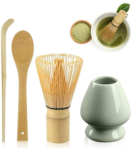 LEKEFET Set Batidor Matcha 4 Piezas: Accesorios Japoneses para Ceremonia del Matcha, 2 Cucharas, Juego de Té, Soporte Cerámico - Conjunto Perfecto