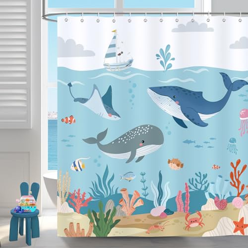 Bonhause Cortina de Ducha Ballena Océano Azul Infantiles Dibujos Animados Bajo el Mar Cortina de Baño de Poliéster Impermeable Antimoho Lavable Cortina Ducha 180 x 180 cm con 12 Ganchos