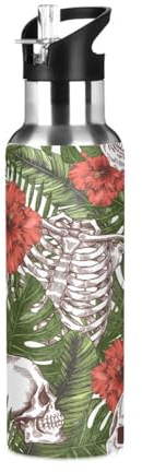 Bouteille d'eau avec paille étanche - Bouteille d'eau chaude avec motif tête de mort en sucre, feuilles de palmier, fleurs - Bouteille isotherme pour filles et garçons - 600 ml