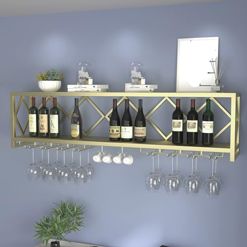 Modern Wine Storage Rack Wall Mounted With Wine Glass Holder,Home Wine Cabinet Decorations,Wall Mounted Wine Rack 2 Tier,for Kitchen Bar Decoration Gold/Blackold,60 * 25 * 45cm