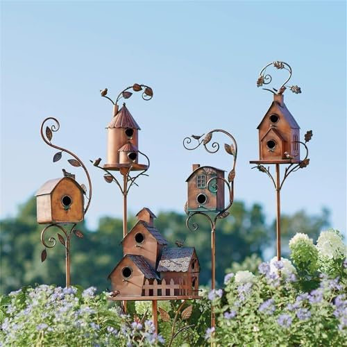 ERQIONGLYW Bird House Garden Stakes Metal Bird House with Pole Copper Multi Bird Houses Large Bird Houses for Courtyard Backyard Patio Garden Decoration Brass