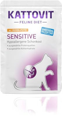 KATTOVIT Sensitive Nassfutter für Katzen, Hypoallergenes Katzenfutter, Alleinfuttermittel im Frischebeutel, 24 x 85 g Huhn und Pute