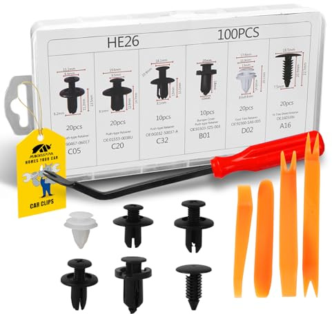 MIKKUPPA 100 Stück Universal Befestigungsclips Auto Clips Set mit | Zierleistenkeile Hebelwerkzeug,Kunststoffnieten Befestigungssatz mit Demontage Werkzeuge 6 Arten Stoßstangen Spreiznieten