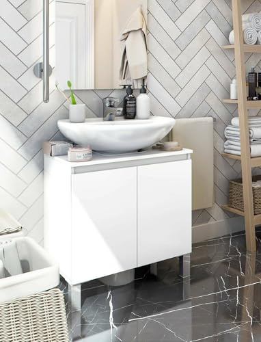 Dmora - Mobile sottolavabo Rodna, Mobiletto da bagno, Contenitore porta lavabo, Armadio per lavandino, 60x40 h64 cm, Bianco lucido